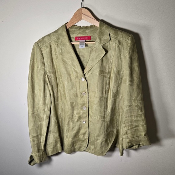 Anne Klein Jackets & Blazers - Anne Klein Blazer Women 16 Green Excellent 100% Linen Leaf Jacquard Button Front